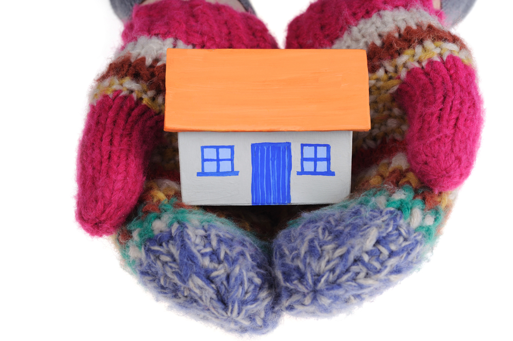 bright colored mittens holding model house