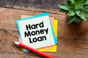 hard money loan written on notepad, pen, desk